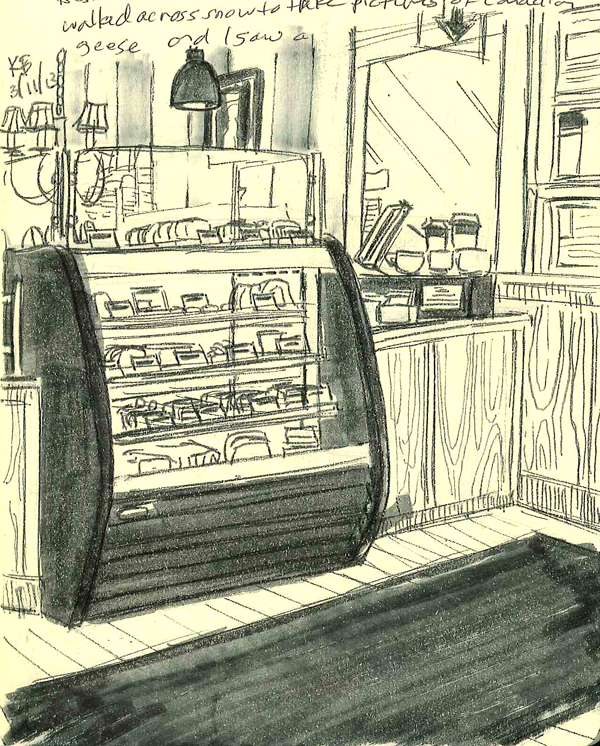 Sketch of the counter at L.A. Burdick in Harvard Square.